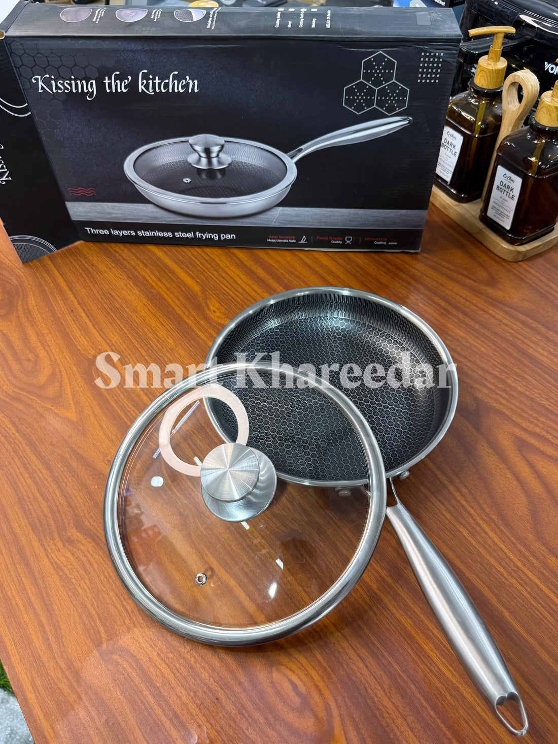 Honeycomb Dual Side LaserCut Frying Pan with Tempered Glass Lid | 3 Layer 316 Grade Stainless Steel