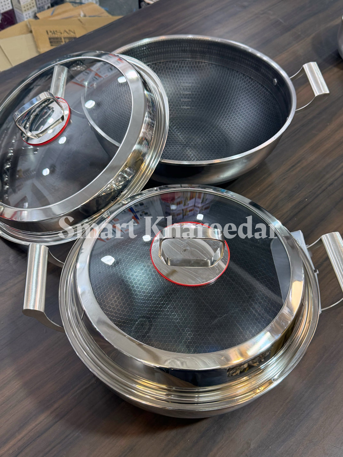 Jumbo Honeycomb LaserCut Karahi with Tempered Glass Lid - Deep Cooking Pot