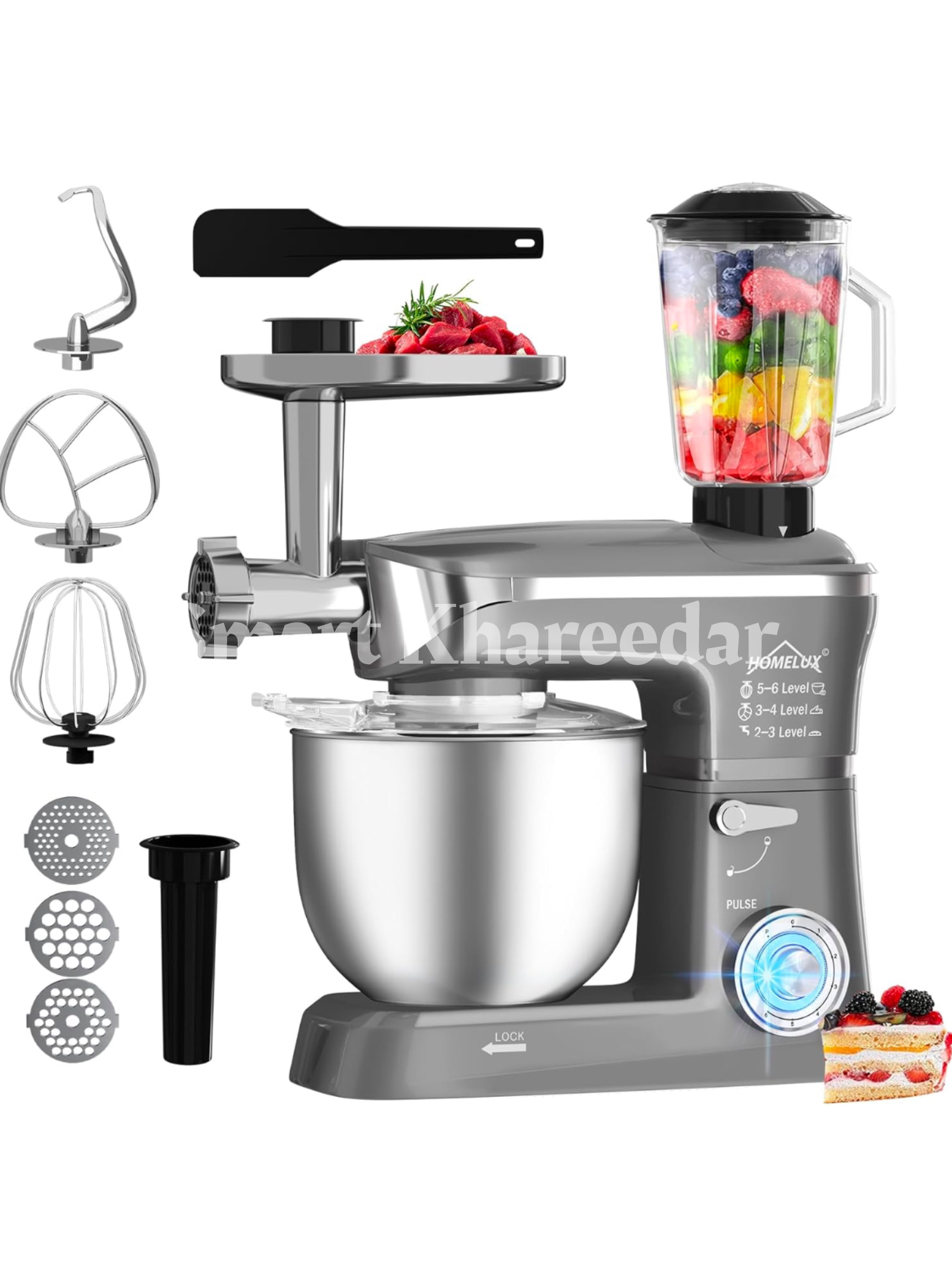 HOMELUX Universal Food Processor 3-in-1 Set, 1000 W Mixer, Multifunctional Mixer with 6 Speeds, 1.5 L Juicer, 5 L Stainless Steel Bowl