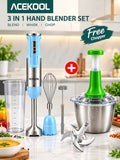 Acekoool 3-in-1 hand blender set displayed on a kitchen countertop with a blurred kitchen background. The set includes a light blue and stainless steel hand blender, a whisk attachment, a mini whisk attachment, a clear measuring cup, a green and stainless steel food chopper, and a silver blade.