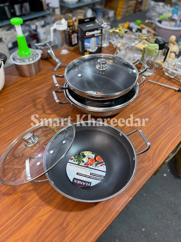 Dual Side Honeycomb LaserCut Steel Handle Karahi with Lid | Shallow Deep Pans