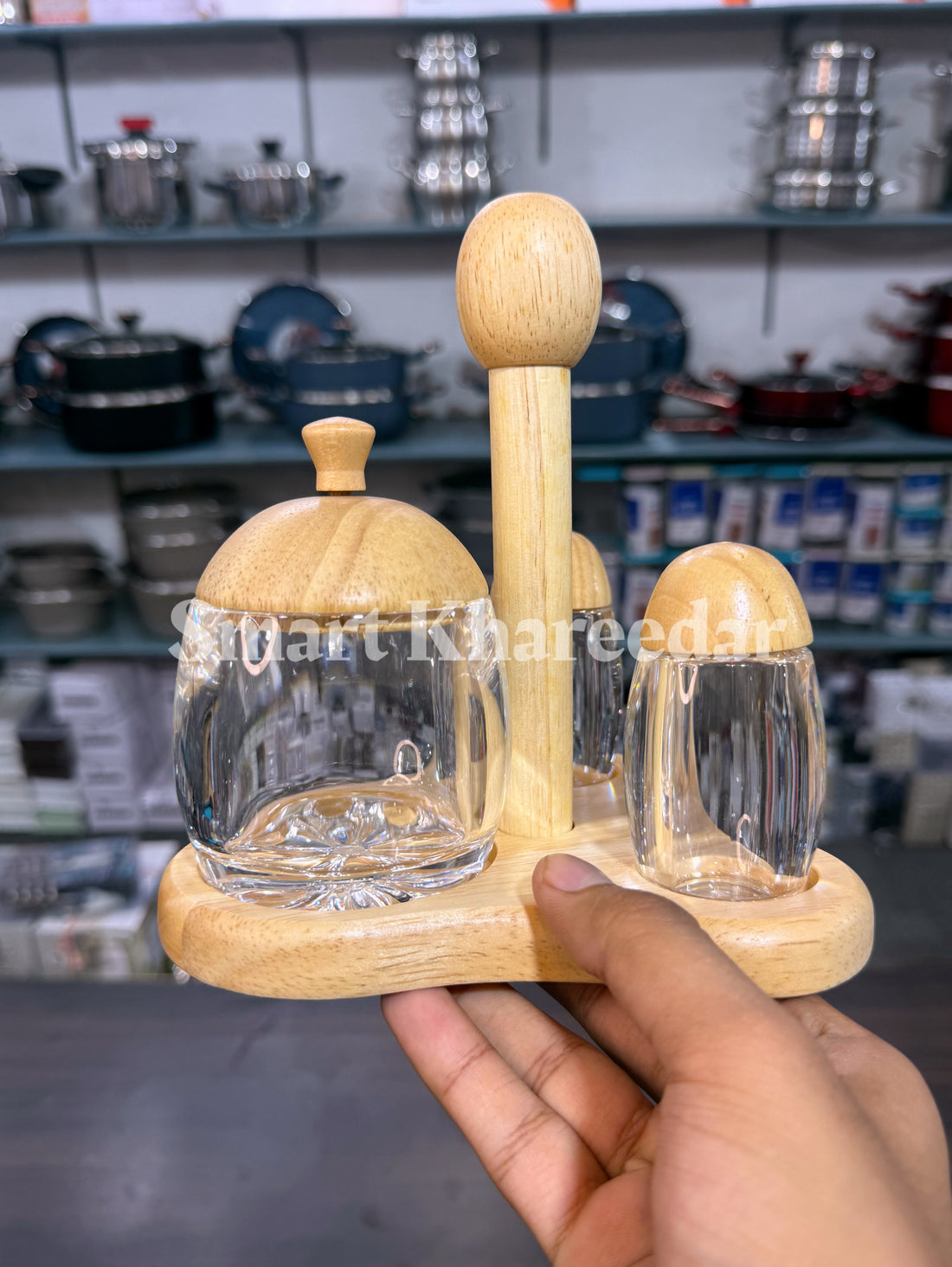 3pc Bamboo Wooden Cruet Set - 2 Salt & Pepper Shaker 1 Acrylic Sugar pot | Classic Table piece