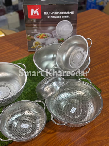 6-Piece Multi-Purpose Stainless Steel Strainer Basket Set | Kitchen Draining & Washing Sieve Set