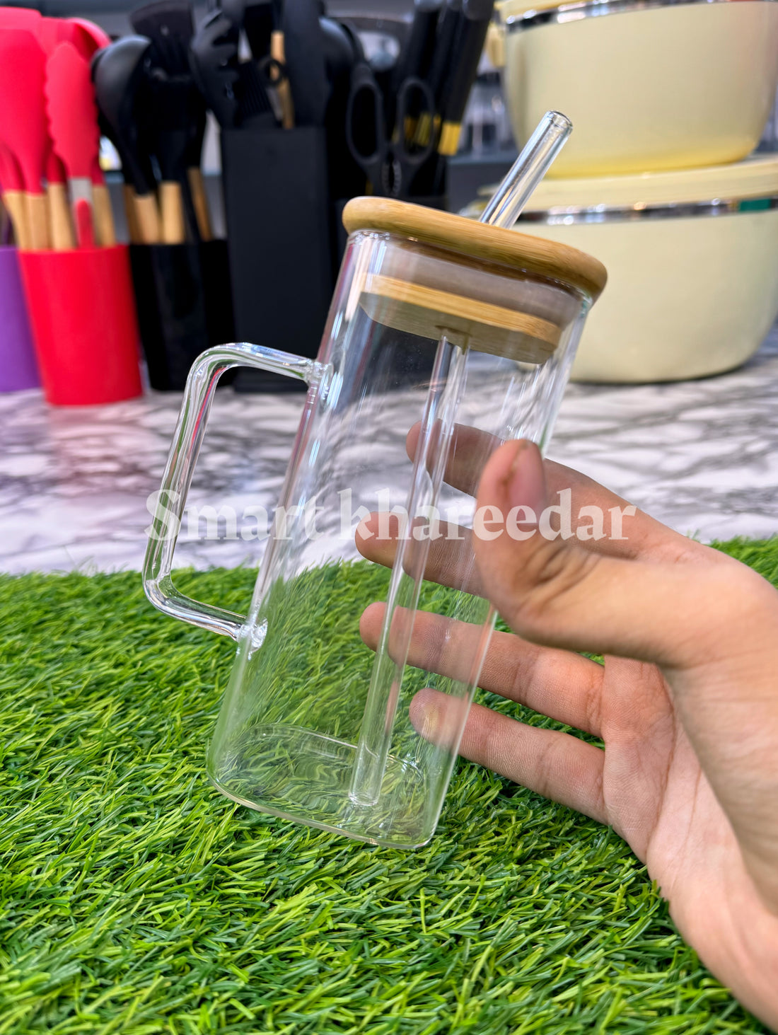 320ml Juice Glass with Glass Handle & Straw | Wooden Lid