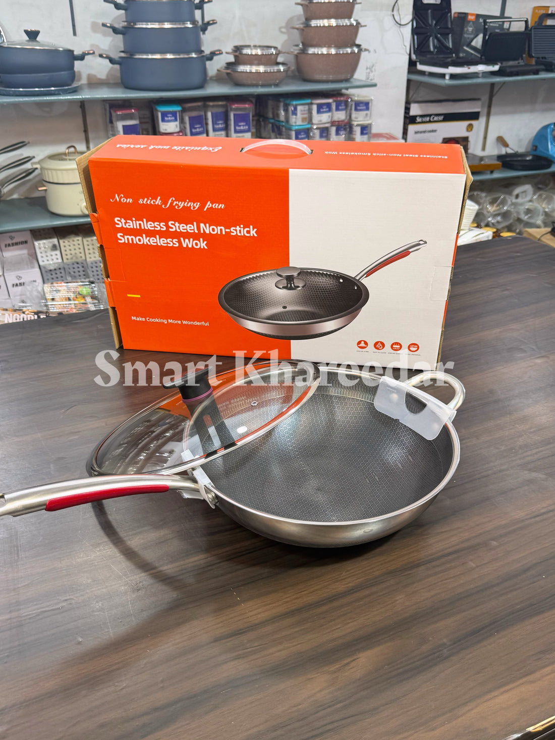 Long Handle Dual LaserCut Honeycomb Karahi with Lid - Shallow Pan