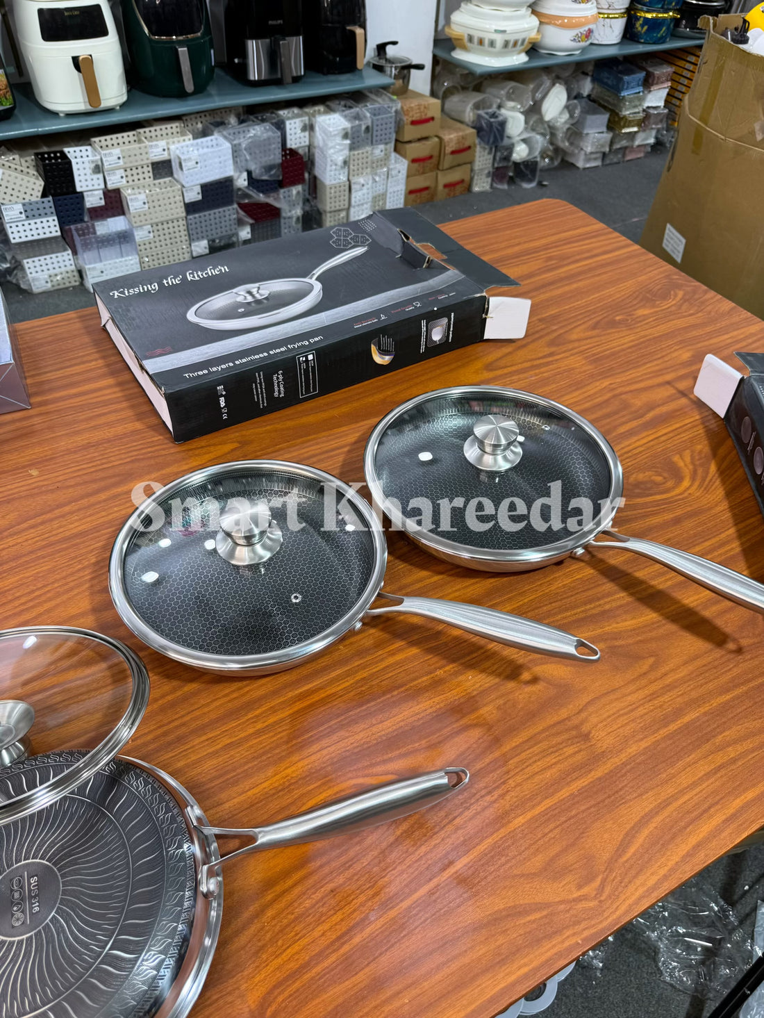 Honeycomb Dual Side LaserCut Frying Pan with Tempered Glass Lid | 3 Layer 316 Grade Stainless Steel
