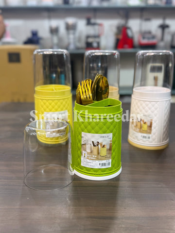 Elegant Tabletop Cutlery and Utensils Organizer with Drainer Base and Acrylic Top Cover