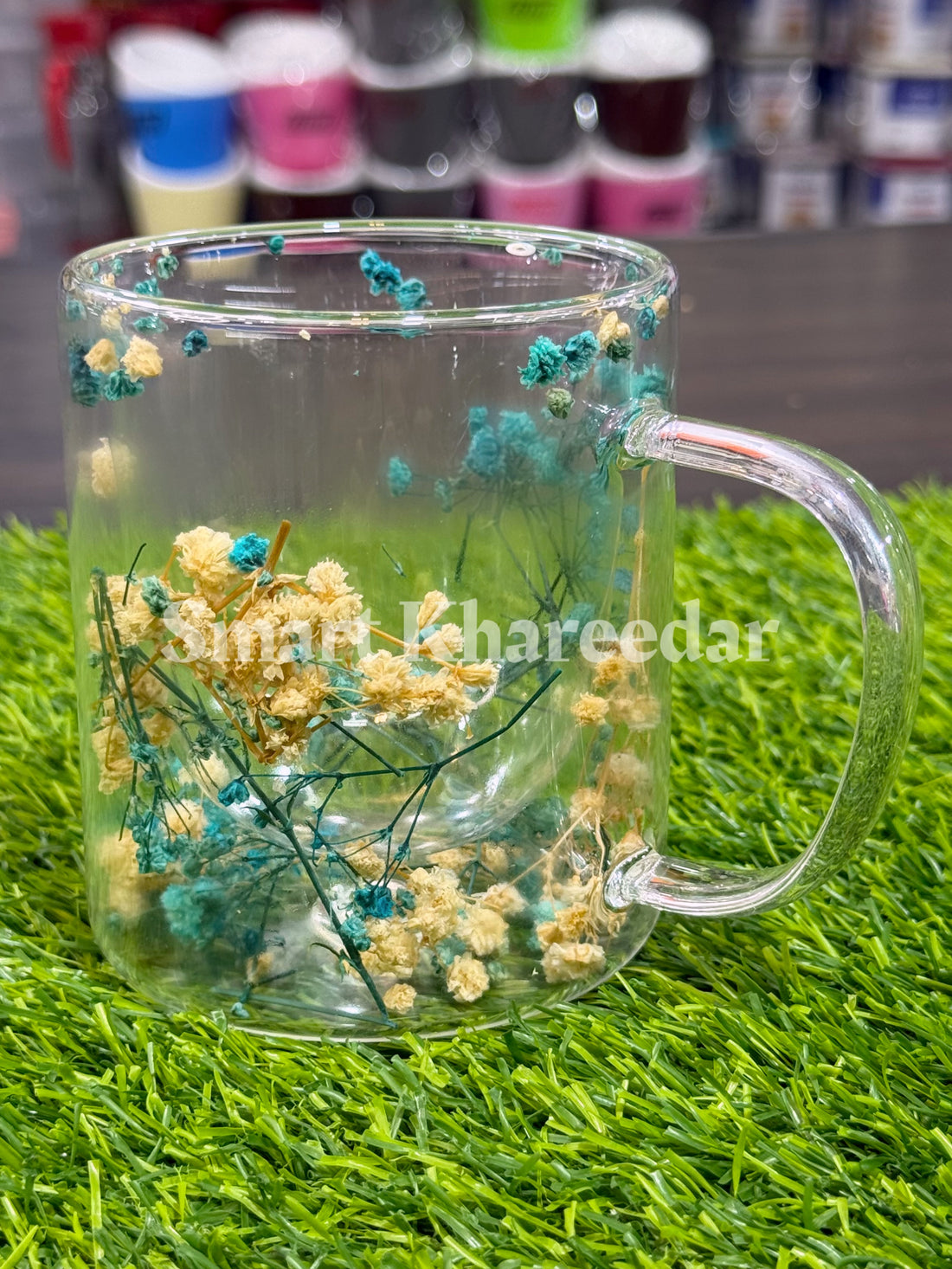 Double Wall Dry Flower 320ml Glass Coffee Mug and Tea Cup | Model no 6
