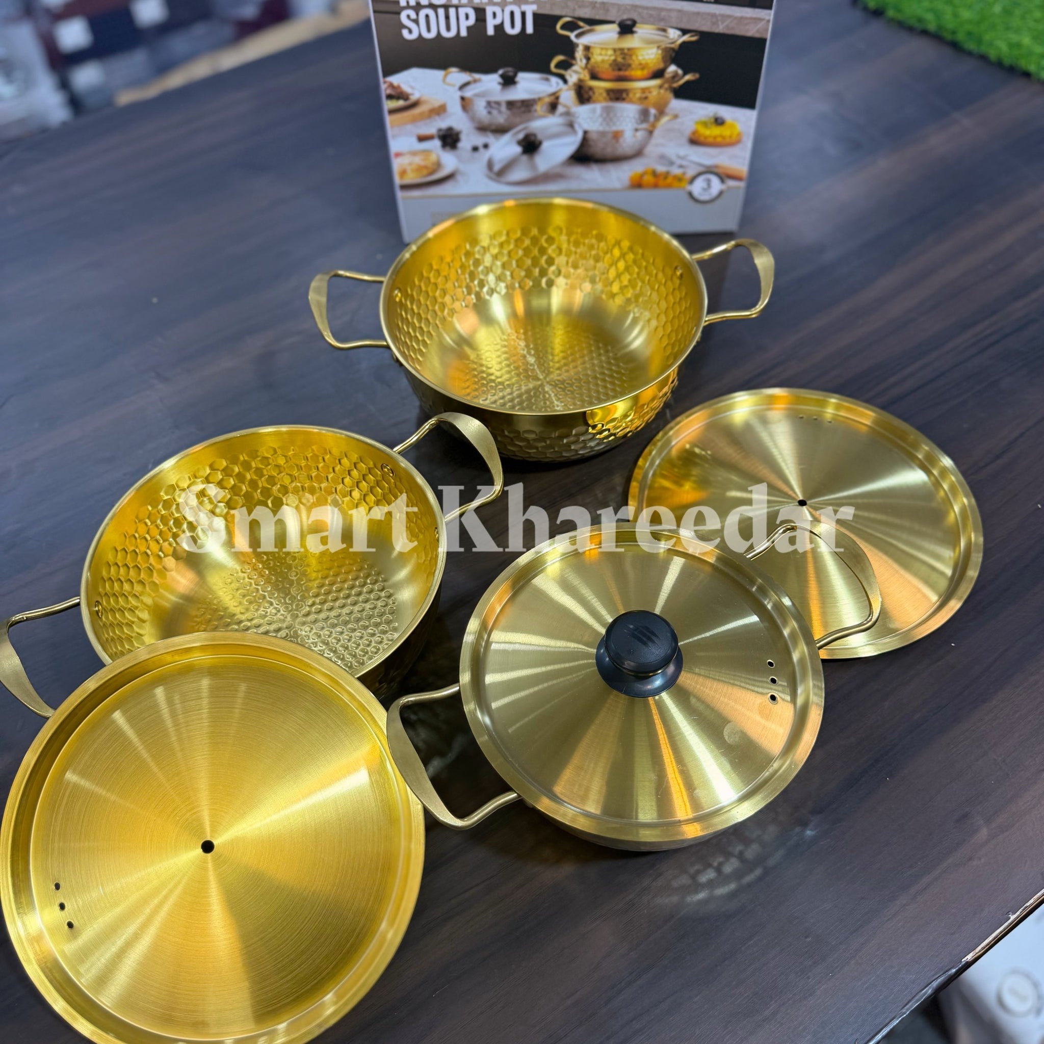 3pc Dotted Golden Electroplated Instant Noodle Soup Set - Karahi Bowls with Lid