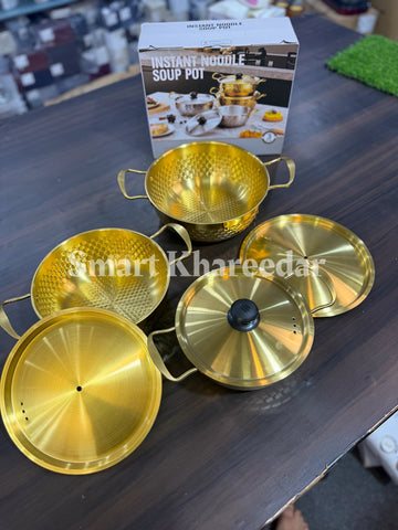 3pc Dotted Golden Electroplated Instant Noodle Soup Set - Karahi Bowls with Lid