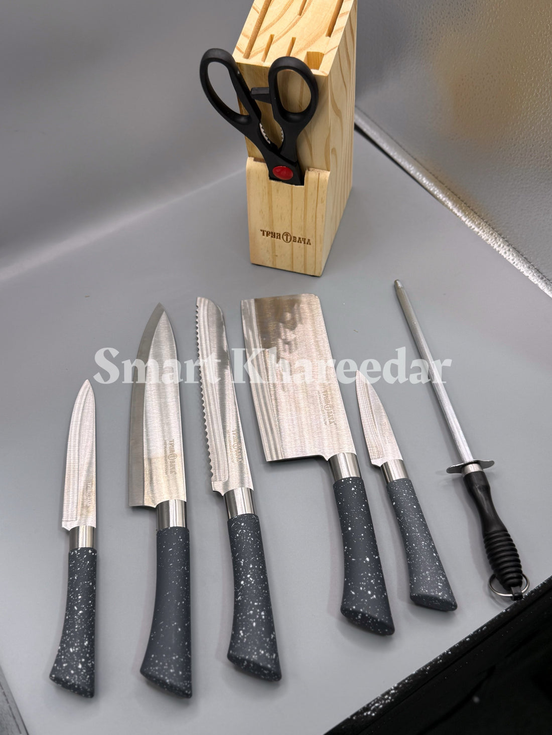 7pc Stainless Steel Knife Set with Wooden Base