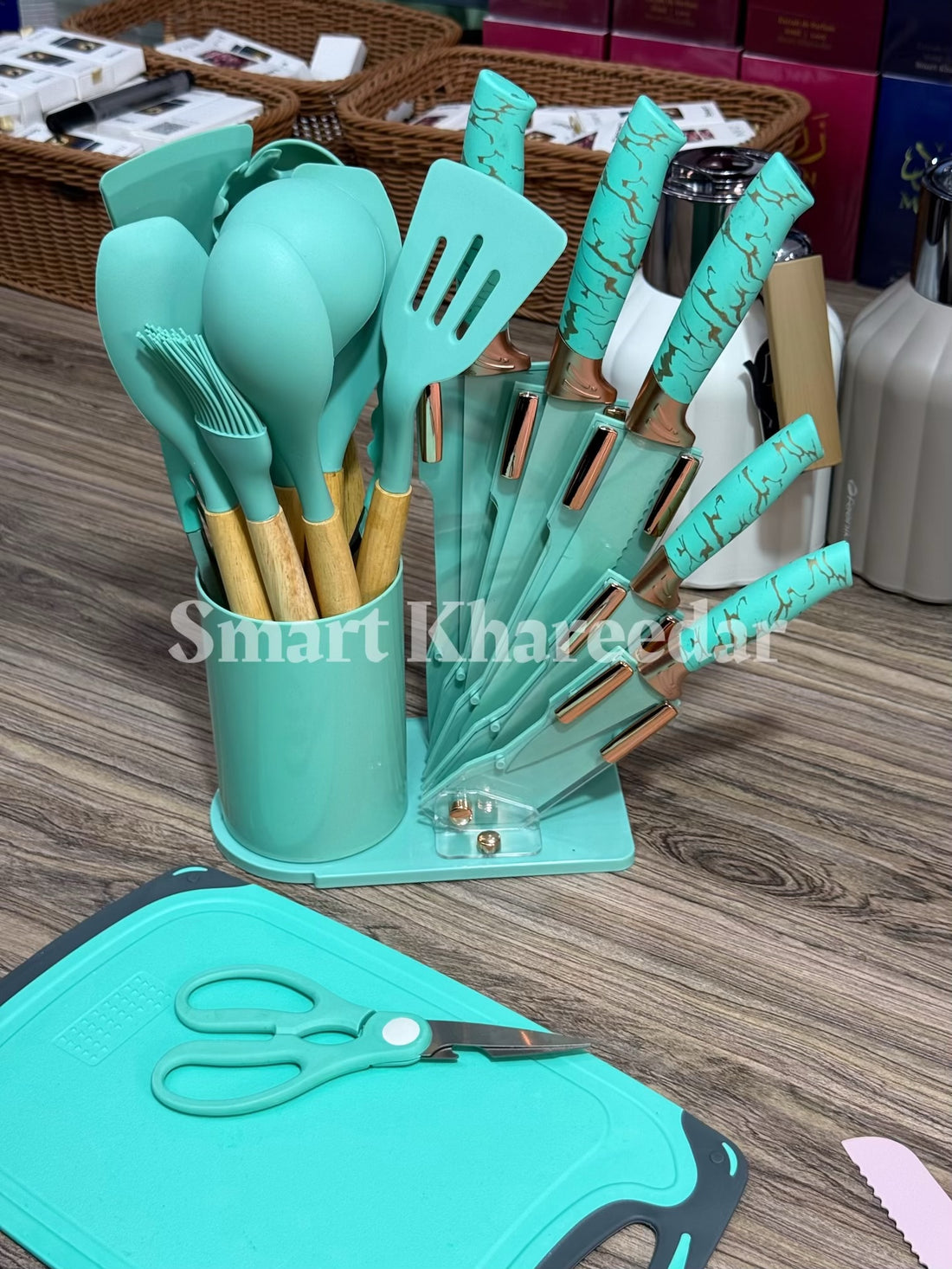 19 pcs Kitchen utensils set with Knives and Cutting board, stand and holders | All in one kitchenware set