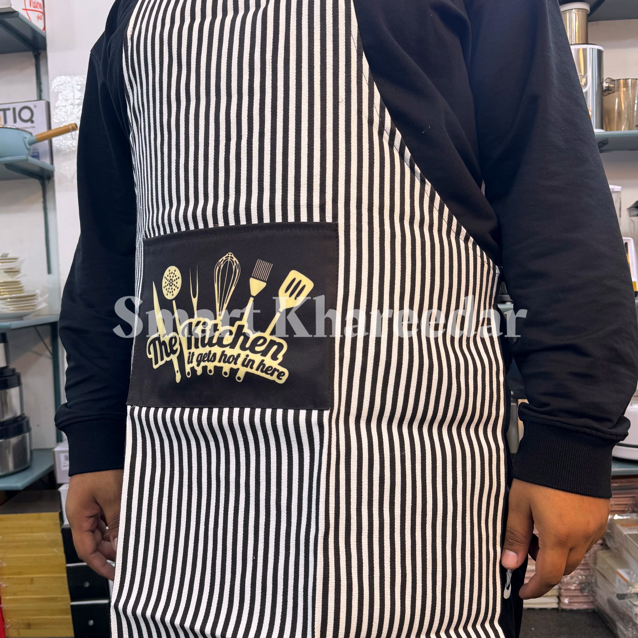 Adjustable Cotton & Polyester Blend Apron with Pocket - Unisex Striped Chef Kitchen Apron for Cooking, Home Use - Woven Polyester-Cotton Blend