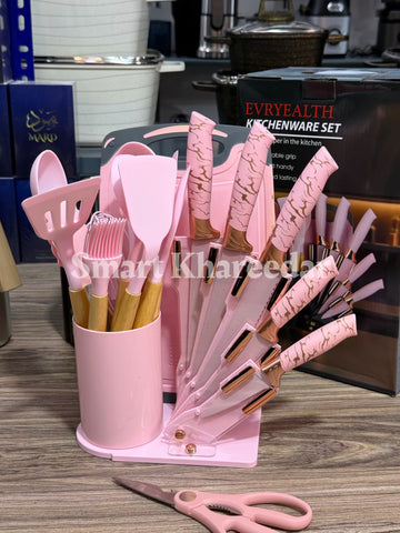 19 pcs Kitchen utensils set with Knives and Cutting board, stand and holders | All in one kitchenware set
