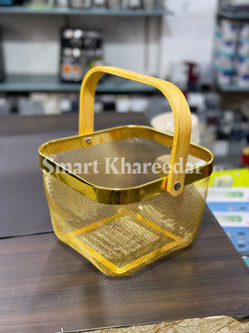 Golden Electroplated 4kg Fruit Basket with Wooden Handle