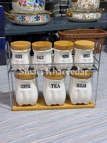 Set of 7 Ceramic Canister Storage Containers with Stand | Elegant & Durable Storage Solution