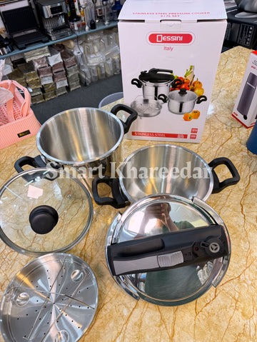 Dessini Italy 2pc Stainless Steel 2 Pc Pressure Cooker and Casserole Pot with Steamer [5+7L]