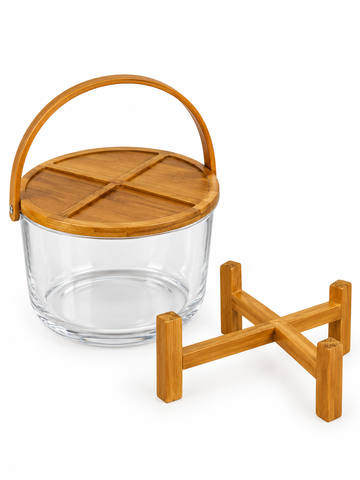 Round 5L Acrylic Salad Serving Bowl with Bamboo Wood Stand