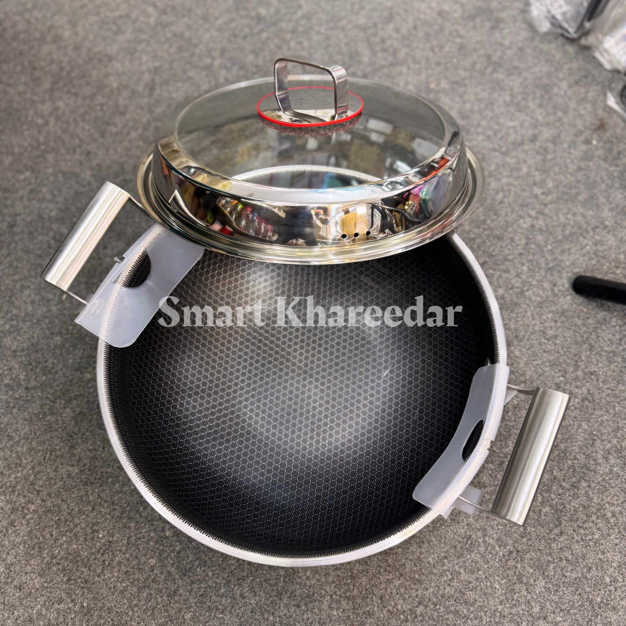 Jumbo Honeycomb LaserCut Karahi with Tempered Glass Lid - Deep Cooking Pot