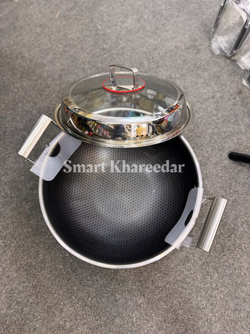 Jumbo Honeycomb LaserCut Karahi with Tempered Glass Lid - Deep Cooking Pot
