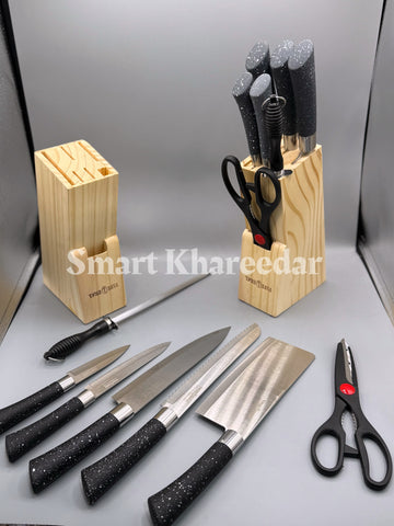 7pc Stainless Steel Knife Set with Wooden Base