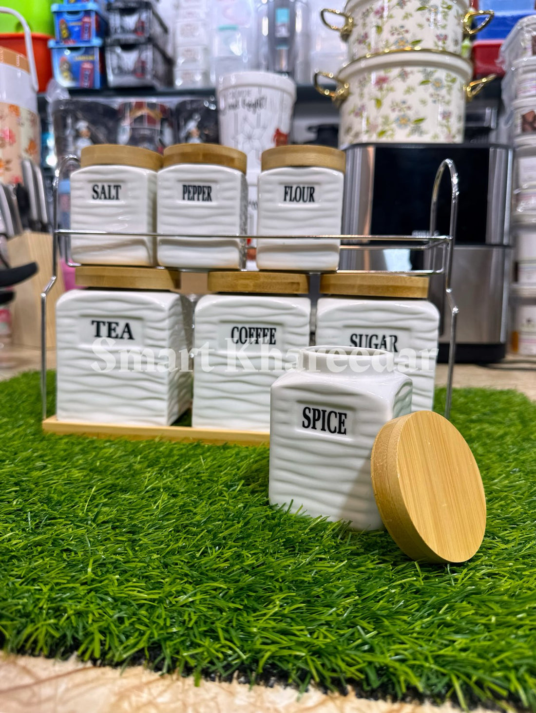 Set of 7 Ceramic Canister Storage Containers with Stand | Elegant & Durable Storage Solution
