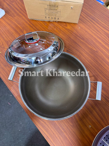 40cm Honeycomb LaserCut Jumbo Karahi with Dome Glass Lid | Shallow Pan