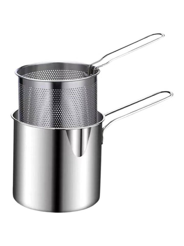 Stainless Steel Deep Frying Pot with Oil Strainer Basket, Kitchen Fryer Pot with Handle and Pouring Spout for French Fries, Chips, Snacks, Oil Draining and Cooking Use