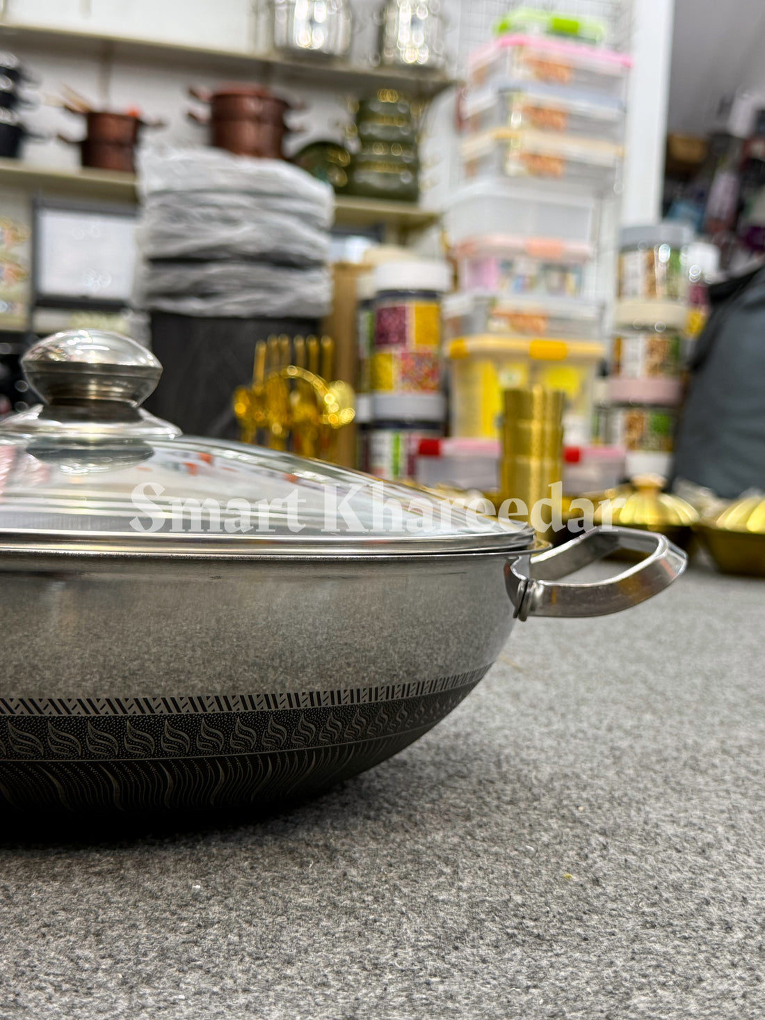32cm HoneyComb LaserCut Karahi with Glass Lid | Shallow Cooking Pan