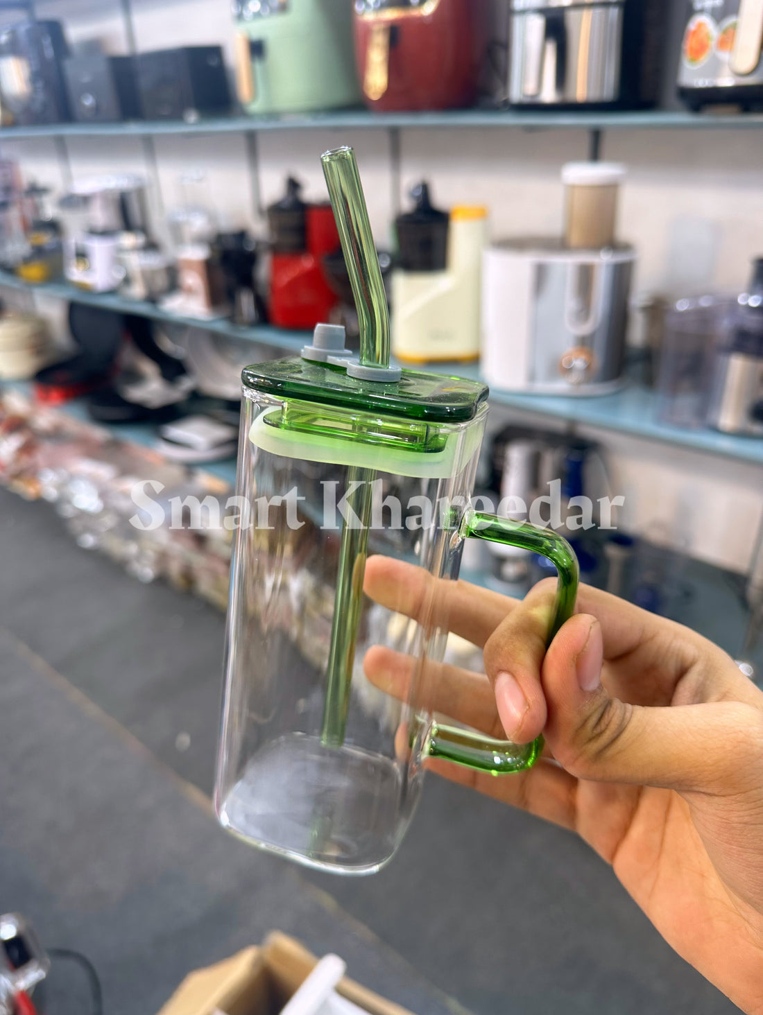 320ml Juice Glass with Glass Handle & Straw