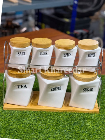 Set of 7 Ceramic Canister Storage Containers with Stand | Elegant & Durable Storage Solution