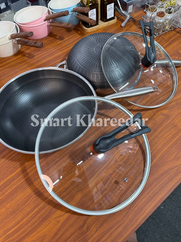 Honeycomb LaserCut Shallow Pan | Long Handle Karahi with Lid