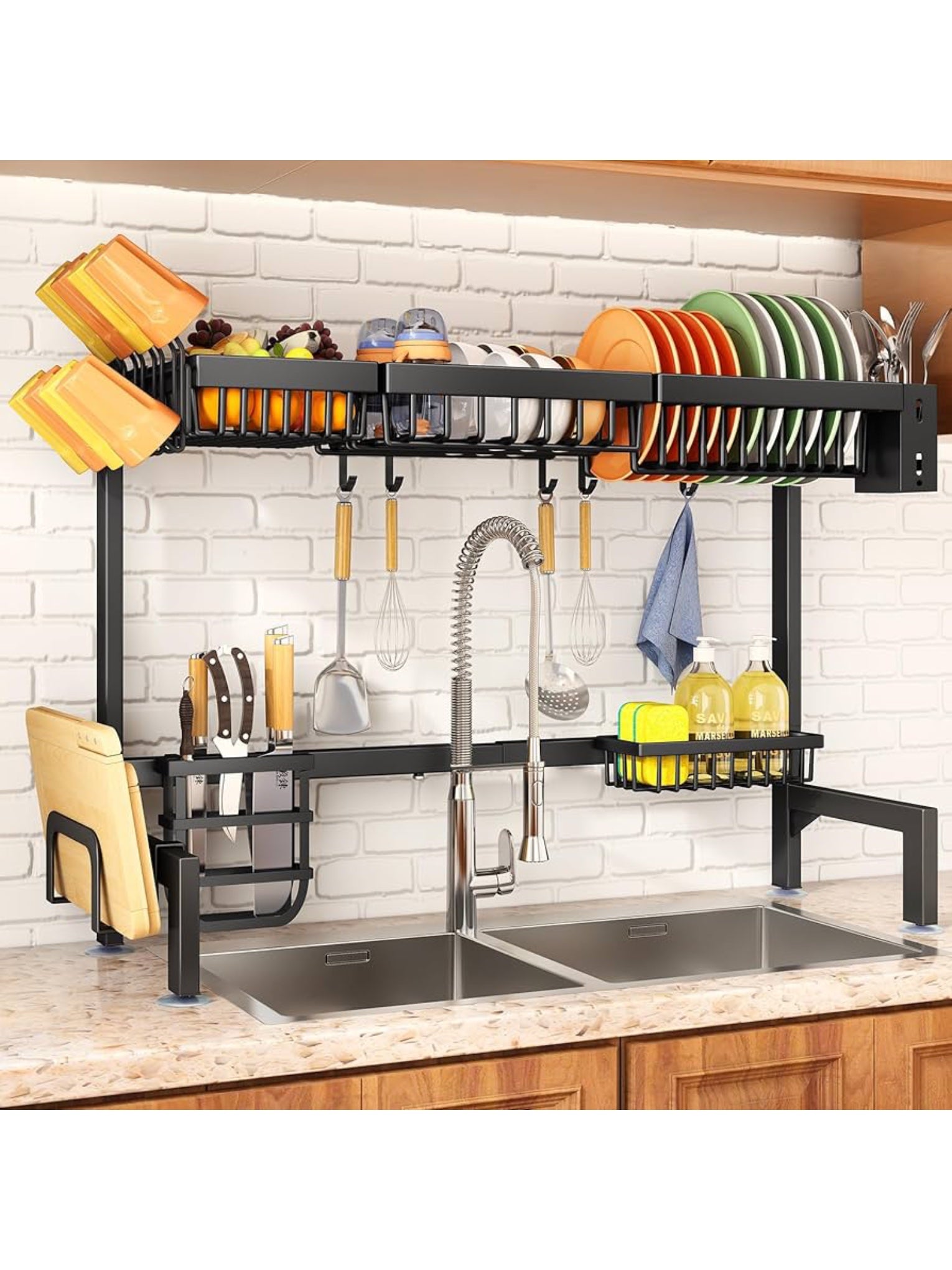 Over The Sink Dish Drying Rack, Adjustable (30 inches) Large Dish Drainer Drying Rack for Kitchen Counter with Multiple Baskets Utensil Sponge Holder Sink Caddy, 2 Tier Black