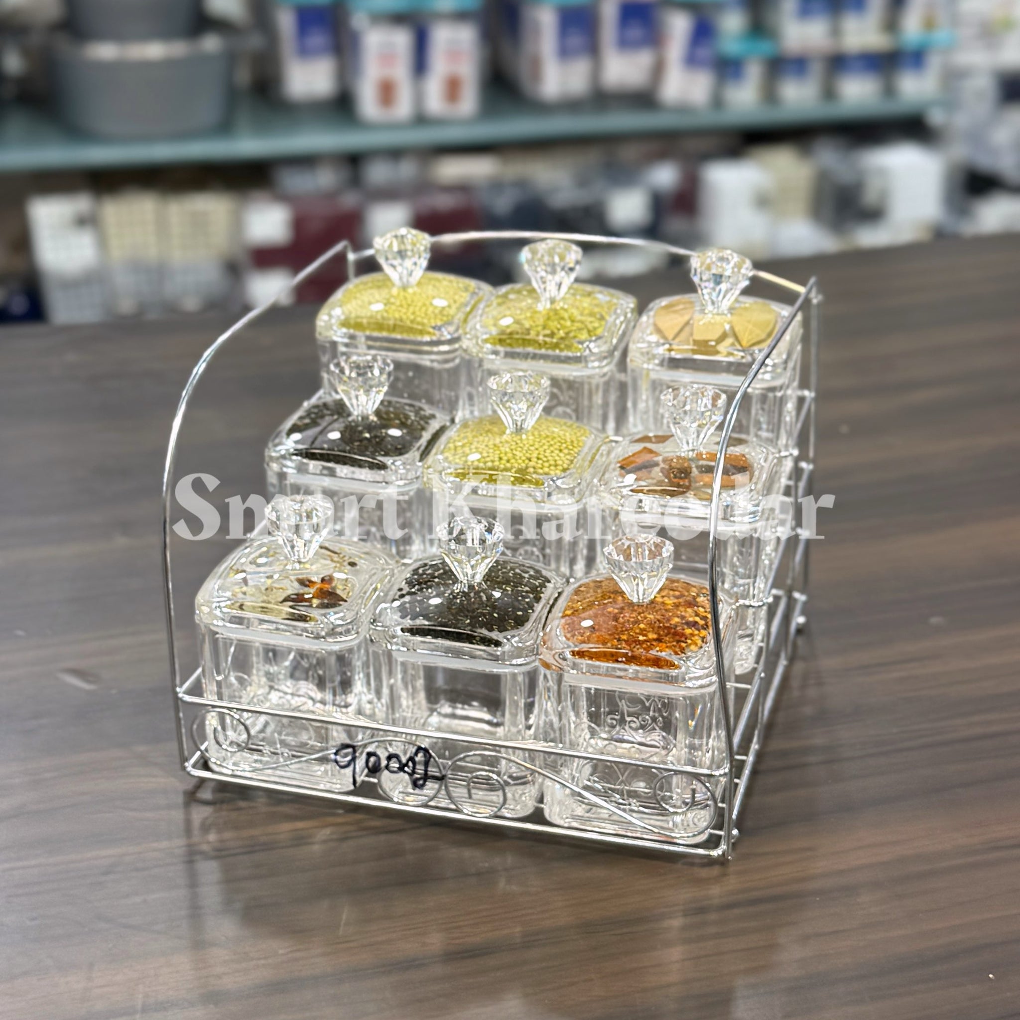 Taiwan Made – 9pc  Acrylic Spice Jar Set with Stainless Steel Stand (Square Shape)