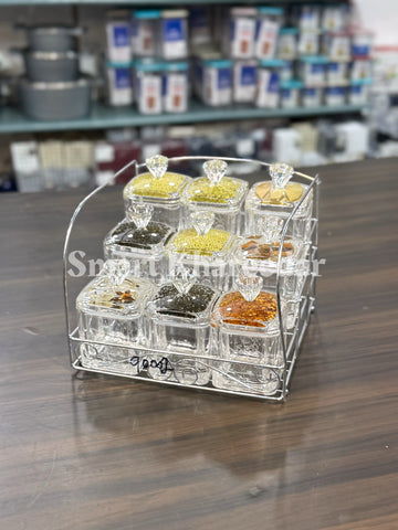 Taiwan Made – 9pc  Acrylic Spice Jar Set with Stainless Steel Stand (Square Shape)