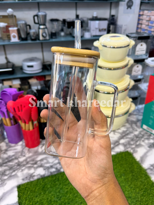 320ml Juice Glass with Glass Handle & Straw | Wooden Lid