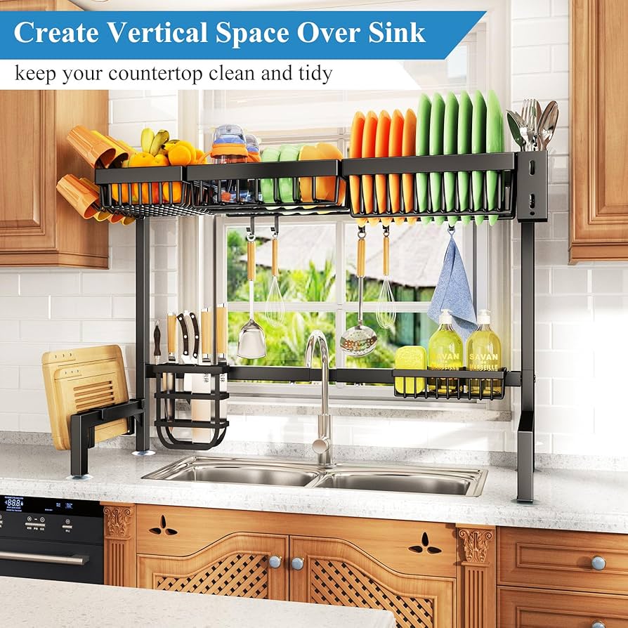 Over The Sink Dish Drying Rack, Adjustable (30 inches) Large Dish Drainer Drying Rack for Kitchen Counter with Multiple Baskets Utensil Sponge Holder Sink Caddy, 2 Tier Black