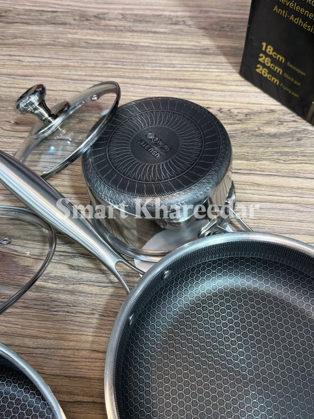 5pc HoneyComb LaserCut Cookware Set With Tempared Glass Lids