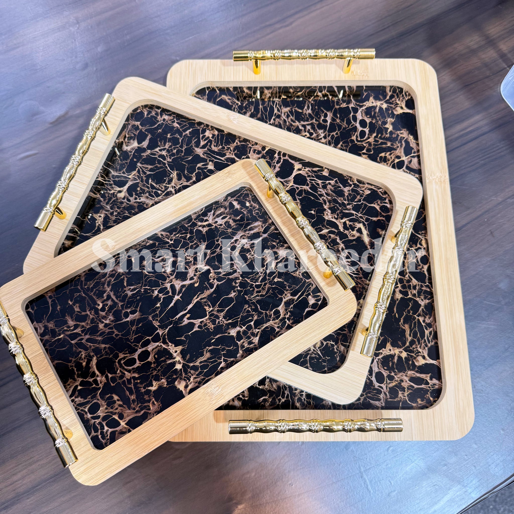 3pc Bamboo Wooden Flat Tray set with Golden Handles