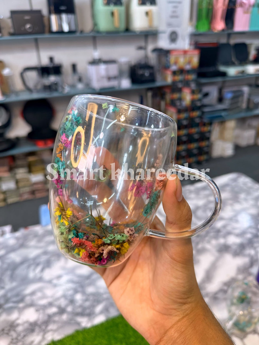 Large Double Wall Coffee Mug with Miniature Dried Flowers