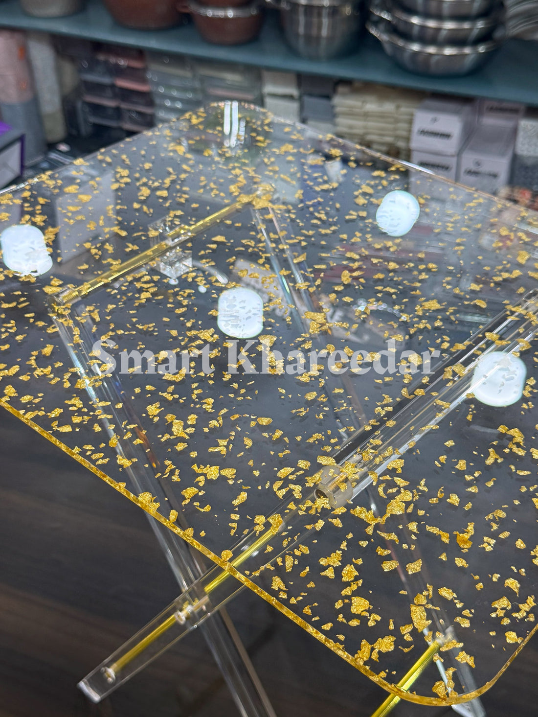 Gold Flake Acrylic Foldable Table | Elegant Clear Dining & Coffee Table - 40.6 × 50.8 × 45.7 cm