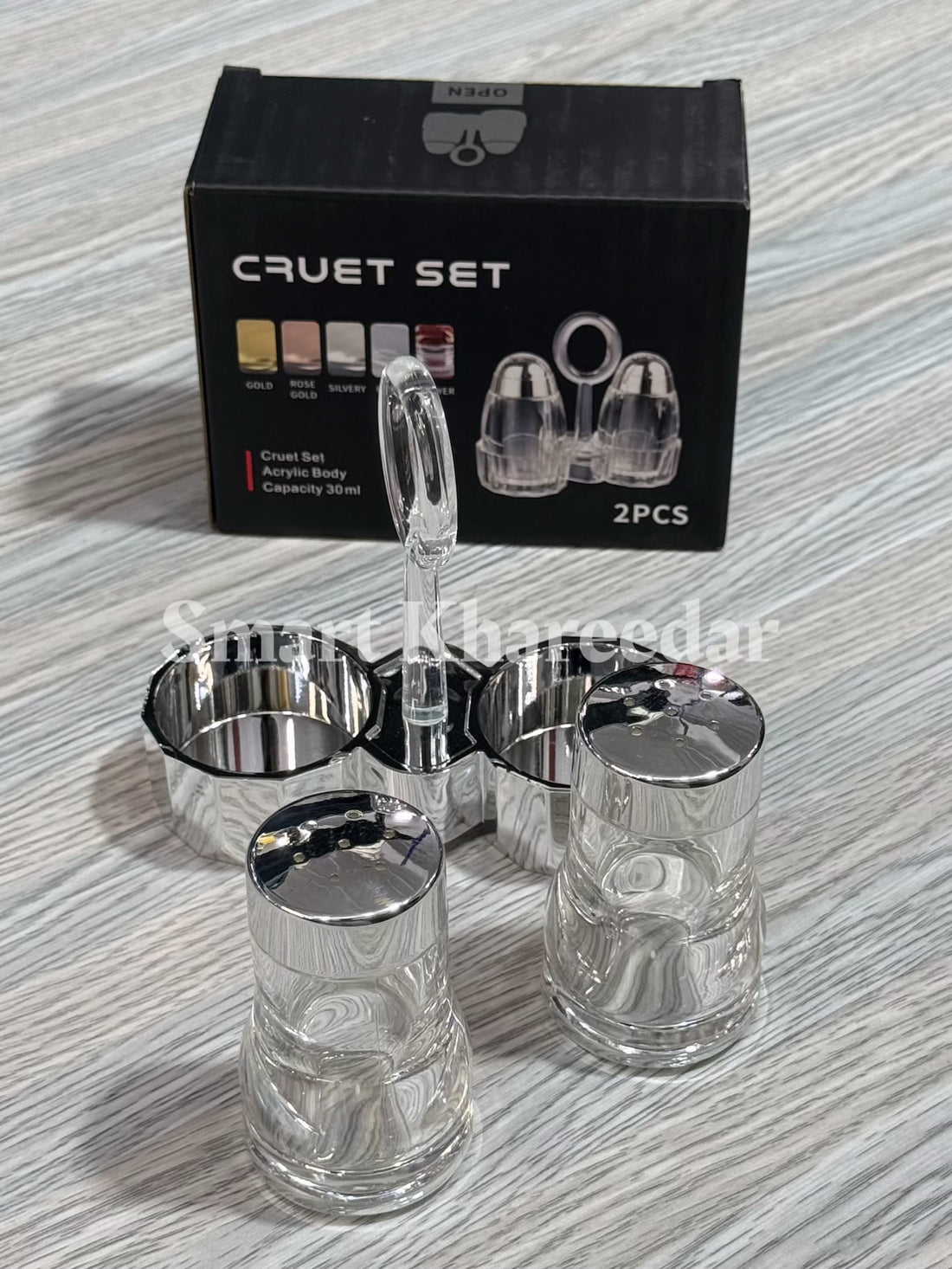 2pc Acrylic Salt & pepper Shaker Cruet Set | Chrome Stand