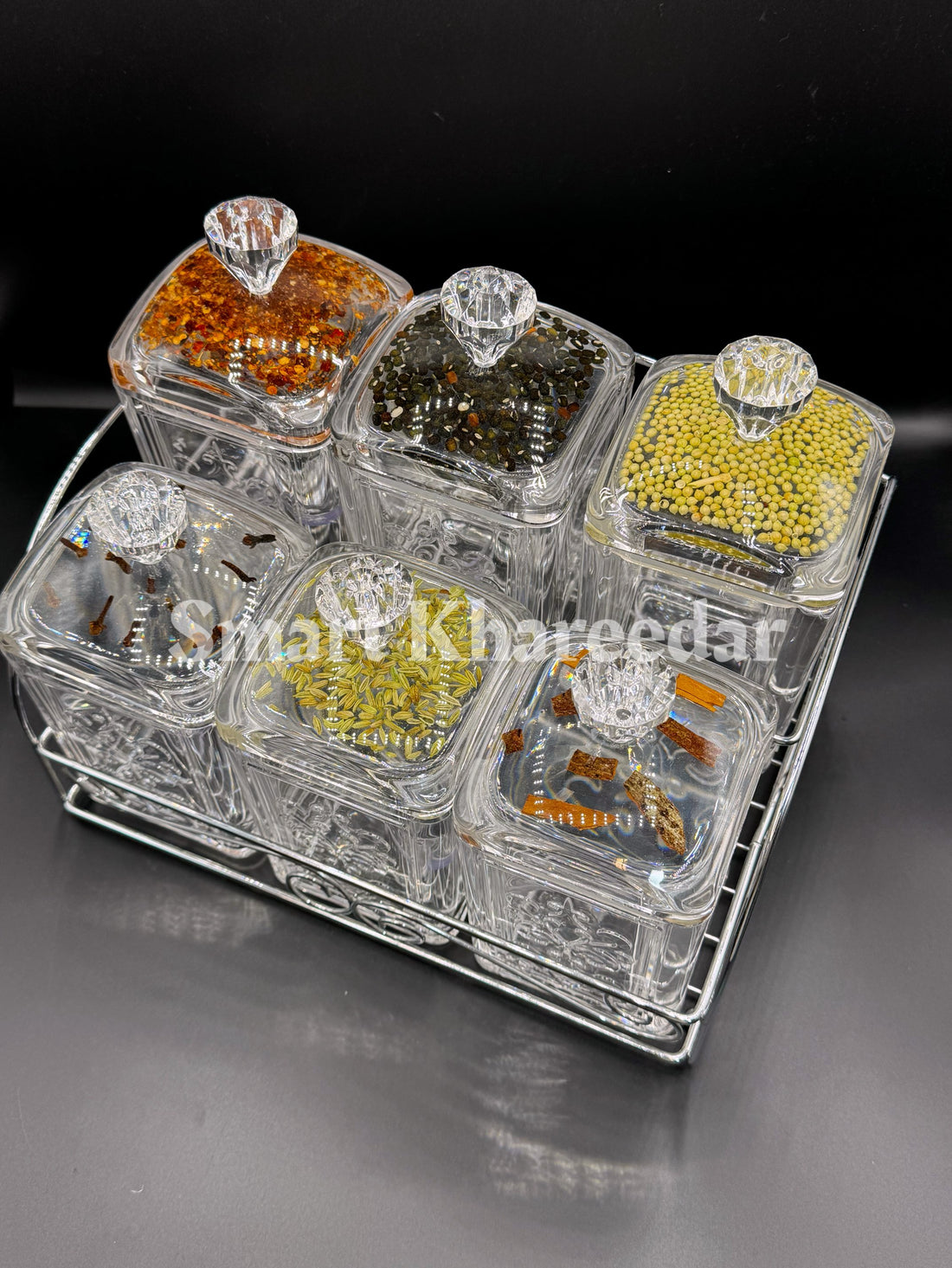 Taiwan Made – 6pc Acrylic Spice Jar Set with Stainless Steel Stand (Square Shape)