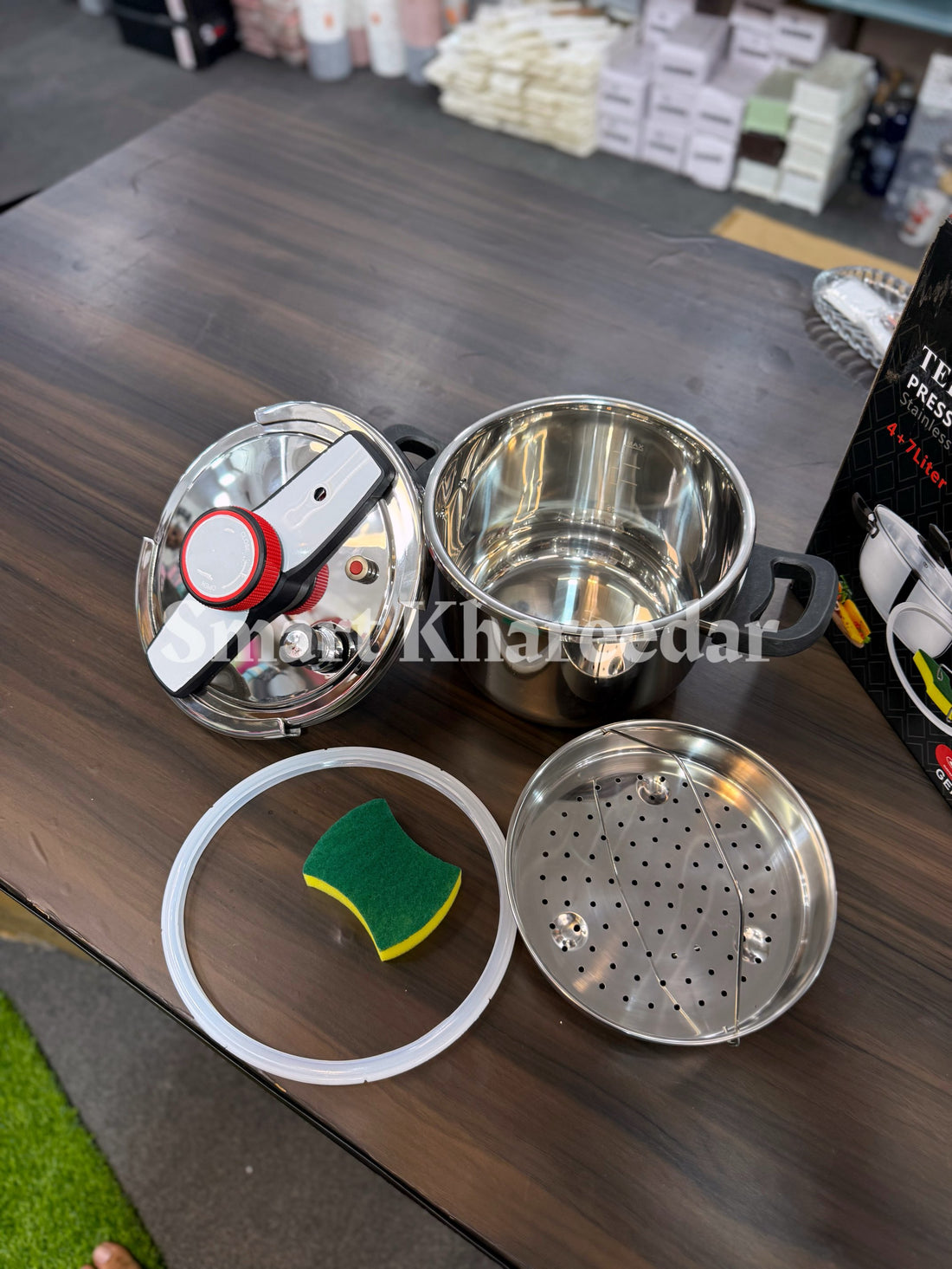 TEFAL 8pc Automatic Stainless Steel Pressure Cooker + Cooking Pot + Steamer 4L+7L