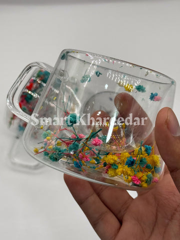 Double Wall Dry Flower 250ml Glass Coffee Mug and Tea Cup | Model no 2