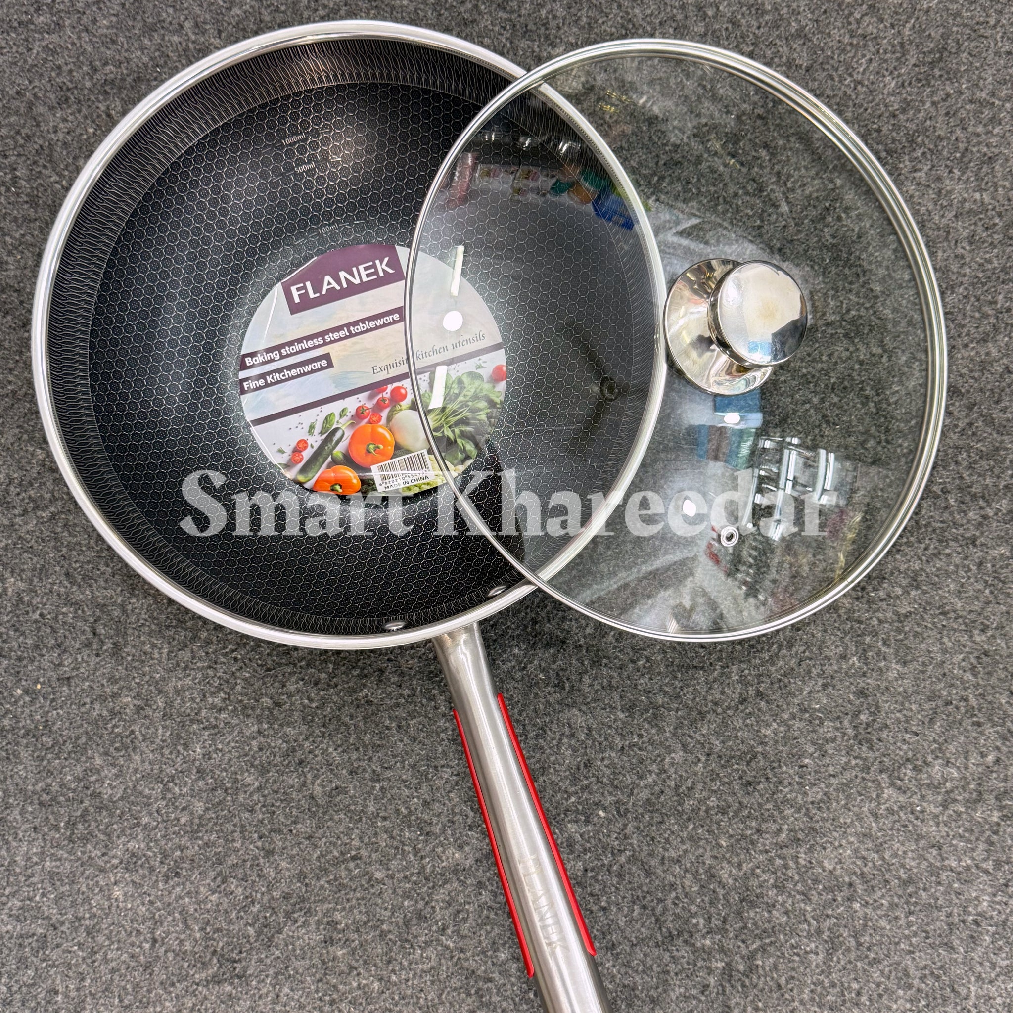 Flanek LaserCut HoneyComb Karahi with Lid and Long Handle - Shallow Pan