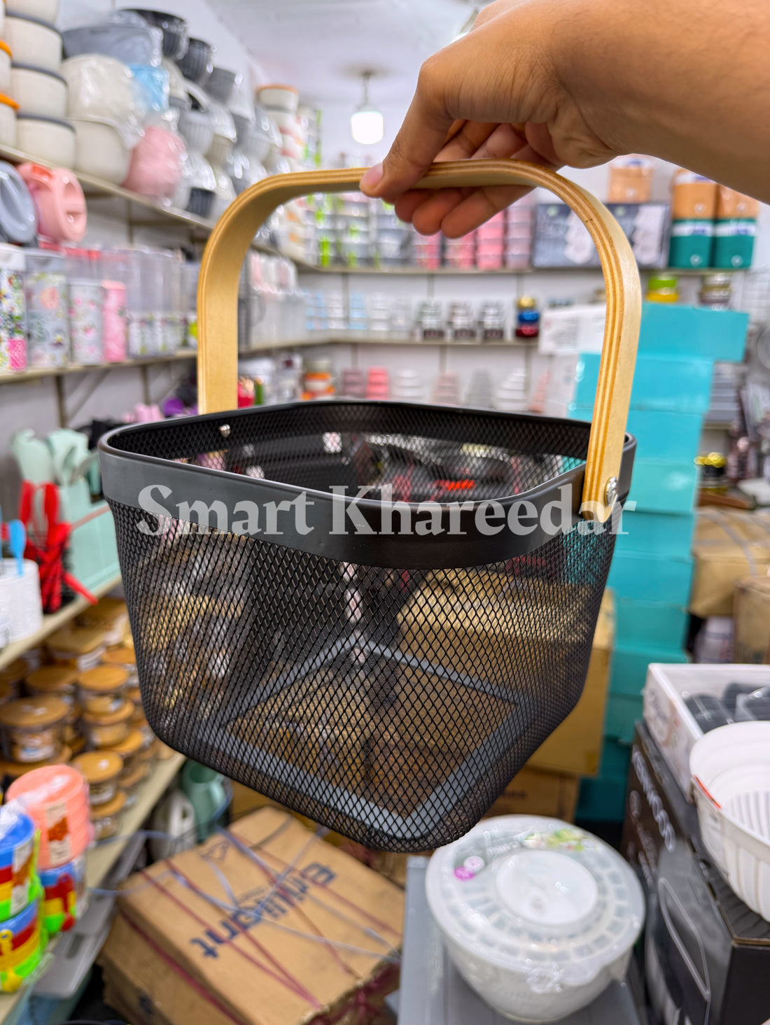 Spacious Metal Basket Container with Wooden Handle