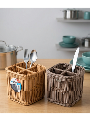 Ziba 4-Compartment Woven Cutlery Holder – Tabletop Spoon & Fork Caddy