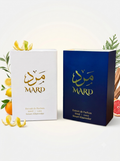 Two MARD perfume boxes on a white background, one white with gold lettering and one dark blue with gold lettering, styled with citrus slices and greenery.