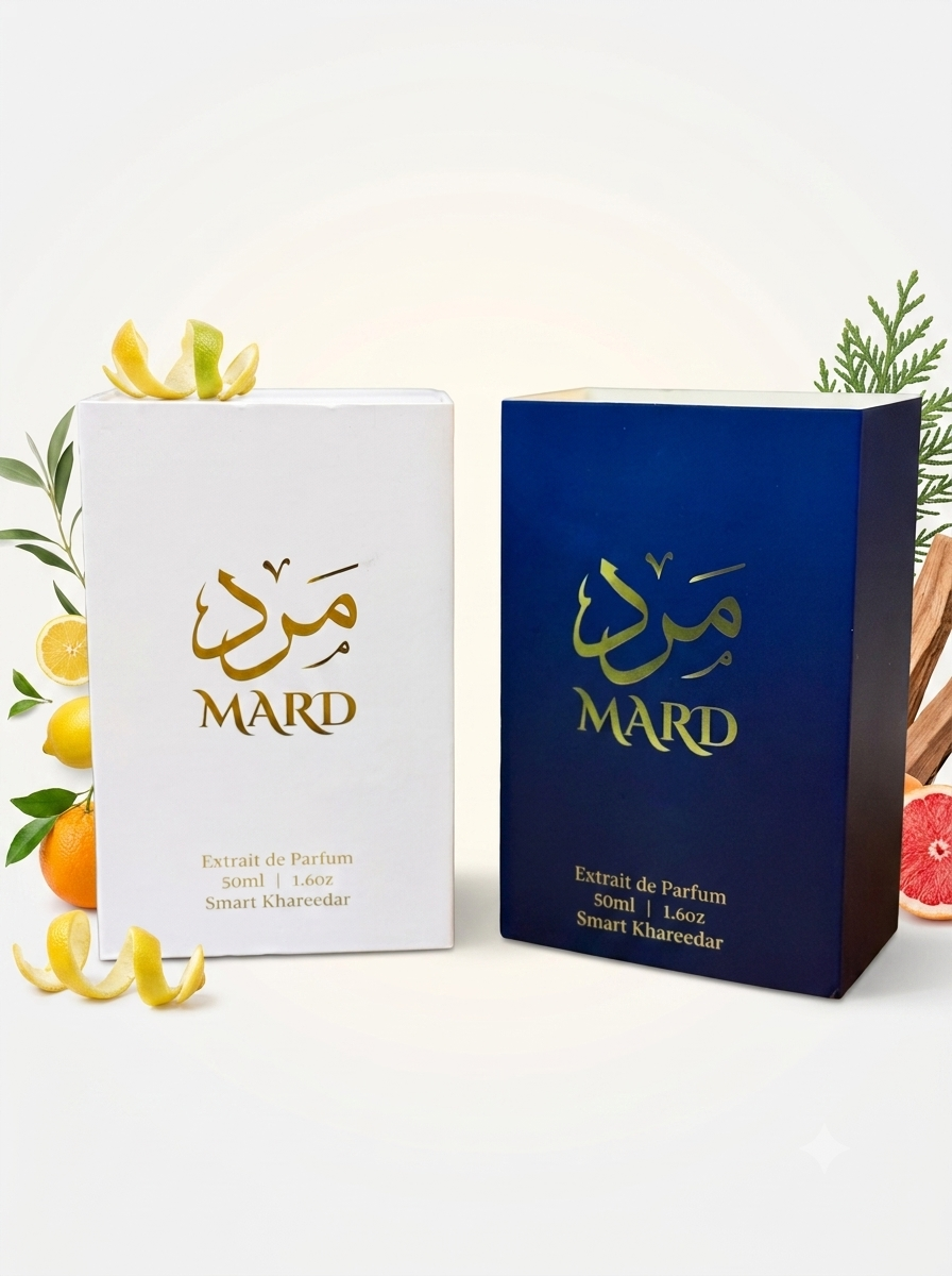 Two MARD perfume boxes on a white background, one white with gold lettering and one dark blue with gold lettering, styled with citrus slices and greenery.